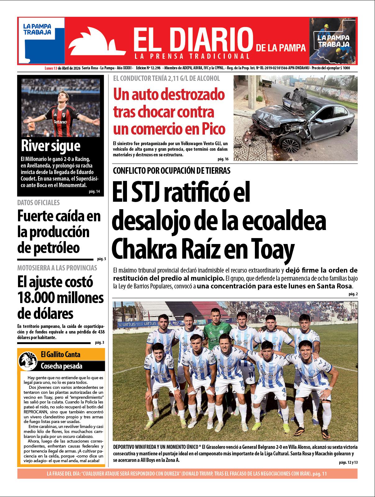 Tapa de El Diario en papel  lunes 13 de abril de 2026